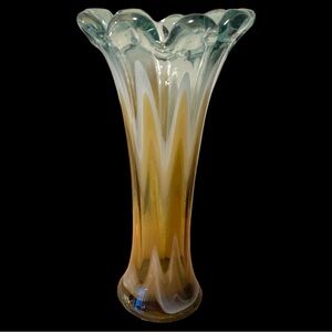 Vintage VASE HAND BLOWN ART GLASS Swung Swag 10.5” Tall Brown Amber White MCM